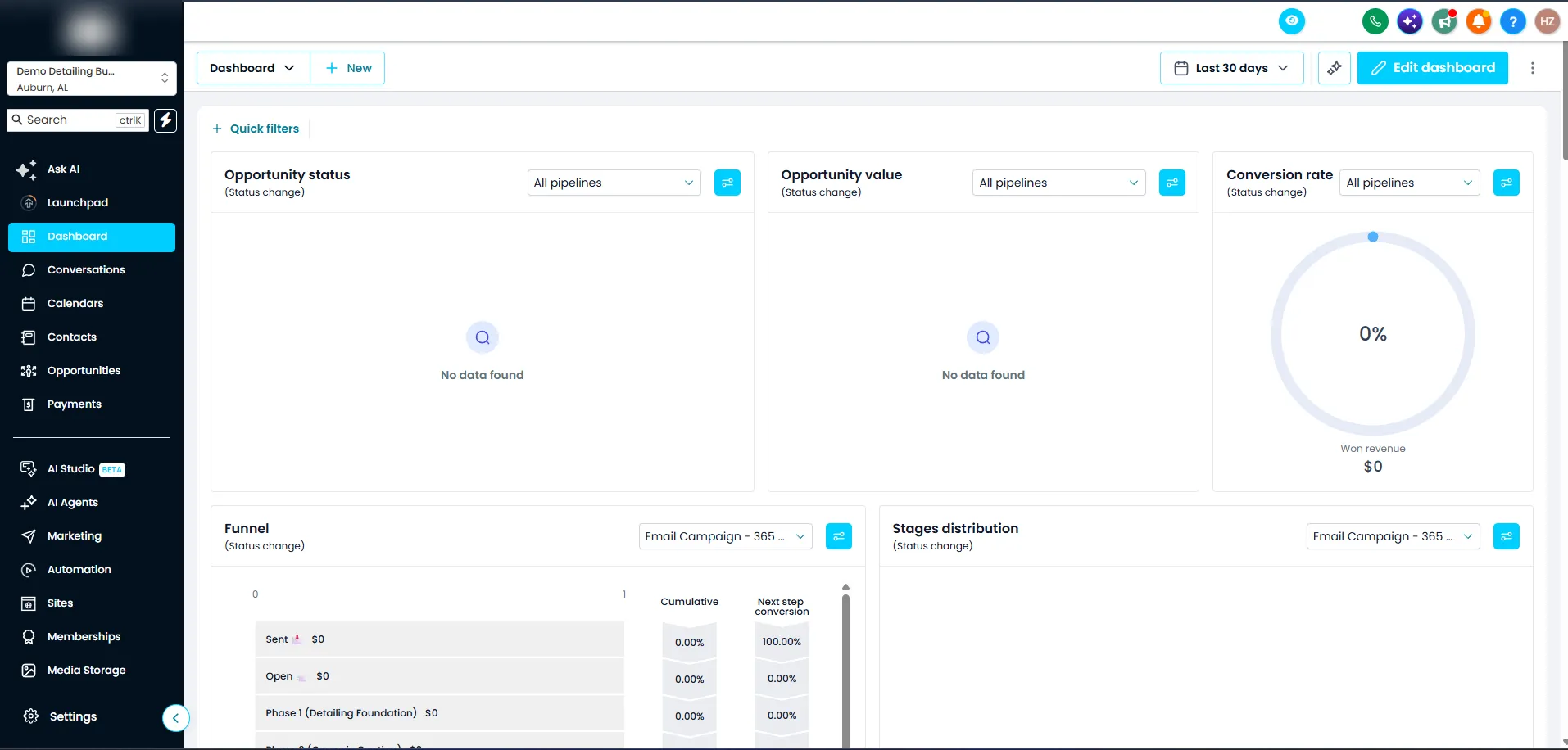 GoHighLevel pipeline dashboard showing opportunity status, opportunity value, conversion rate with won revenue, and a funnel with next-step conversion for each stage