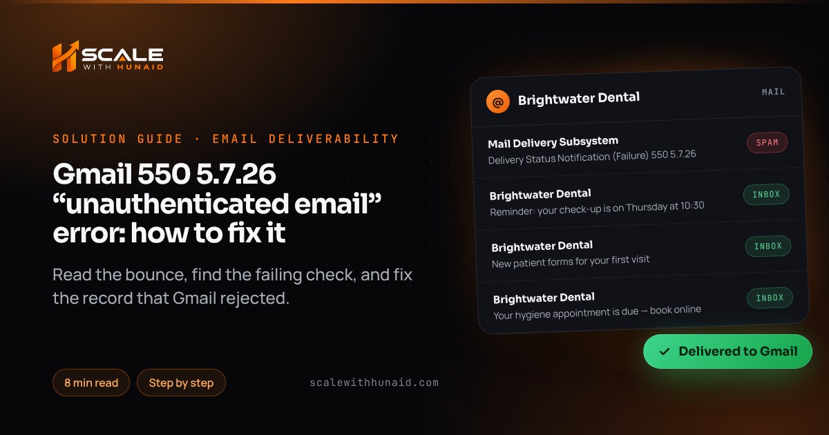 Gmail 550 5.7.26 “unauthenticated email” error: how to fix it — guide thumbnail