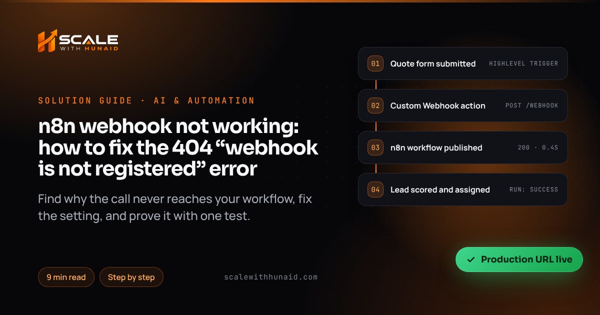 n8n webhook not working: how to fix the 404 “webhook is not registered” error — guide thumbnail